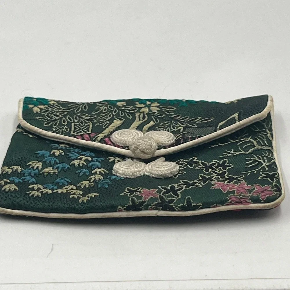 Vintage Green Silk Brocade Jewelry Pouch Asian Floral Landscape Frog Closure Bag
